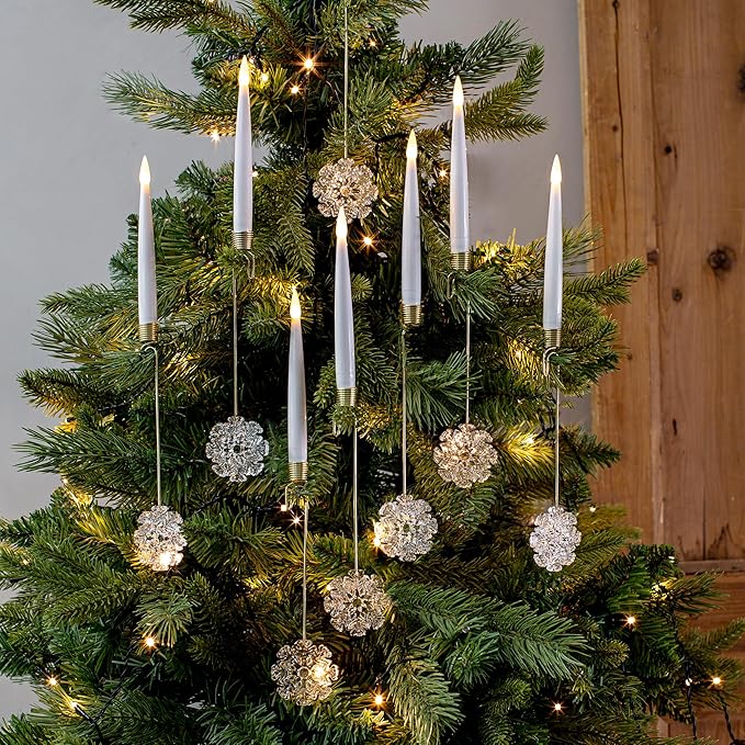Christmas Tree Candles, 10 Pack Flameless Taper Candles for Christmas Tree, LED Battery Operated Fake Candle with Remote for Xmas Wedding Decor with Crystal Snowflake Hook