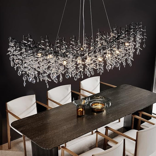 Black Chandelier, 16 Light Modern Chandelier for Dining Room Over Table, Industrial 63" Hanging Lighting with K9 Crystal Tree Branch Rectangular Chandeliers for Living Room Kitchen Island