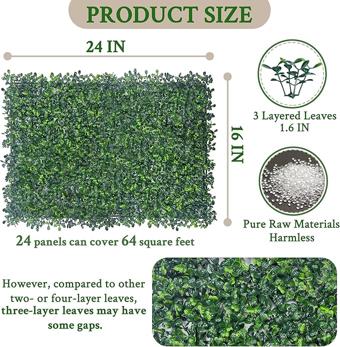 Artificial Boxwood Grass Wall Backdrop: 24 X 16 in 24P (64 sqft) UV-Anti Faux Plants Vine Privacy Fence Screen for Indoor & Outdoor Green Wall Decor and lvy Wall Privacy Coverage.