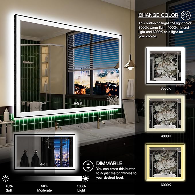 55x36 Large Light Bathroom Mirror - Backlit and Front Lighted LED Wall-Mounted Vanity Mirror Modern Rectangle Black Mirror, Dimmable, Anti-Fog, Memory, Shatterproof, ETL Listed (Horizontal/Vertical)