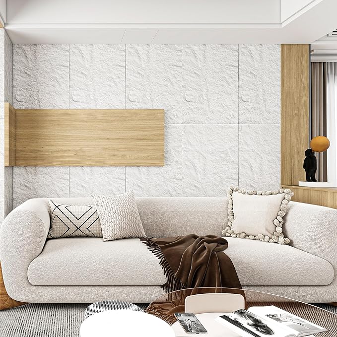 KASARO PU 3D Faux Stone Wall Panels, 4 PCS Wainscoting Panel for Interior Wall Decor, Cement Texture Accent for Home, Office, 47.2×23.6inch, Cement White