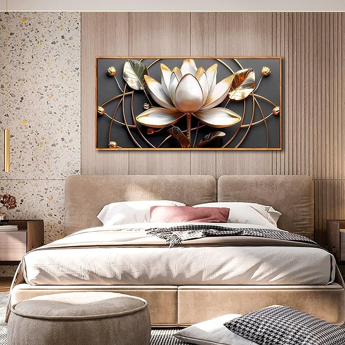 Lotus Flower Wall Art for Bedroom, Floral Canvas Wall Decor for Living Room, Black White and Gold Picture Print, Size 48 x 24 Inches Framed