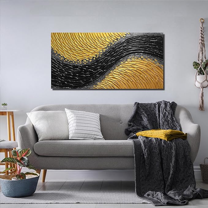 Abstract Painting Wall Art for Living Room Black and Gold Wall Art for Office 3D Textured Canvas Wall Decor for Bedroom Size 20 x 40 Inch