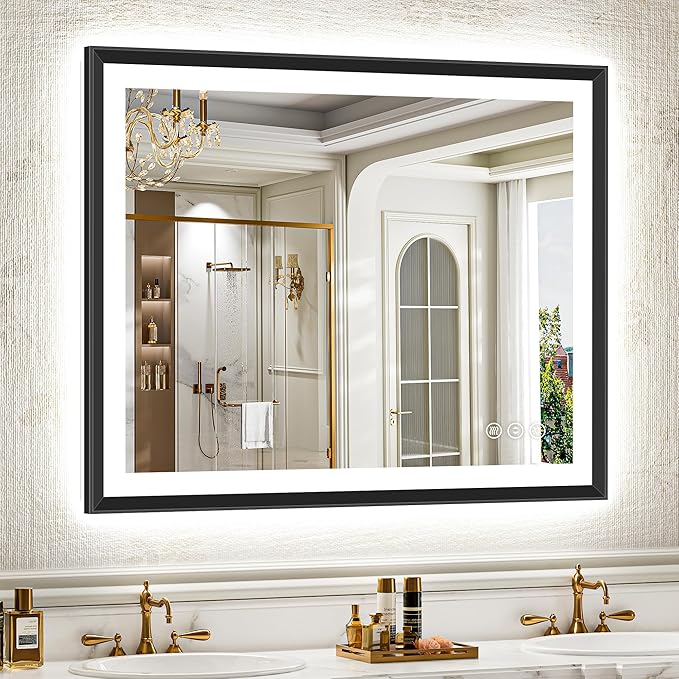 40x32 Black Framed Led Bathroom Mirror with Lights, Front Lit and Backlit, Lighted Vanity Mirror for Bathroom Wall, Anti-Fog, Dimmable, 3 Colors, Memory, HD Tempered Glass