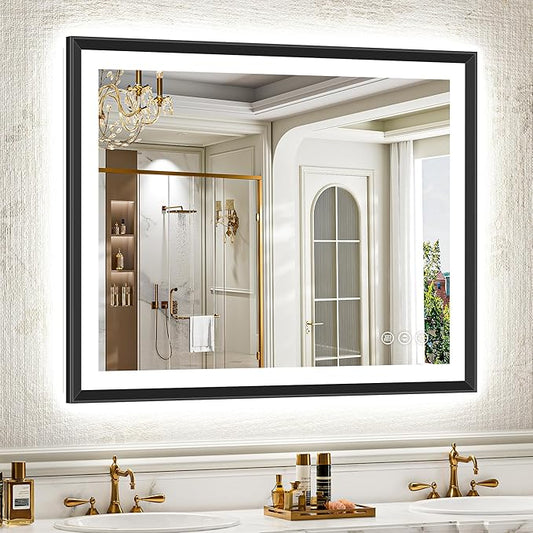 40x32 Black Framed Led Bathroom Mirror with Lights, Front Lit and Backlit, Lighted Vanity Mirror for Bathroom Wall, Anti-Fog, Dimmable, 3 Colors, Memory, HD Tempered Glass