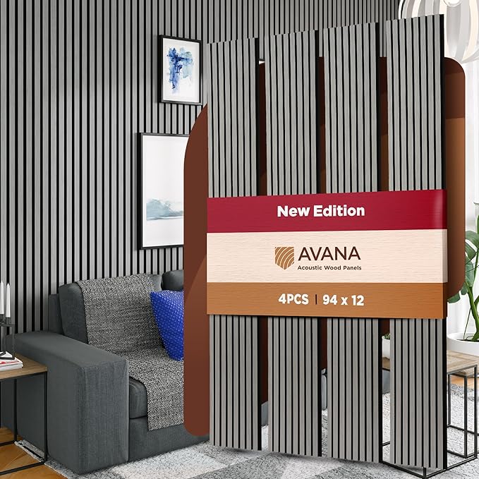 Avana Acoustic Wood Wall Panels – 94.4 x 12.6 Inch Gray Oak Acoustic Panels 4 PCs – Wall Panels For Interior Wall Decor For Homes, Offices, Studios – Pleasing Decorative Wood Panels For Wall