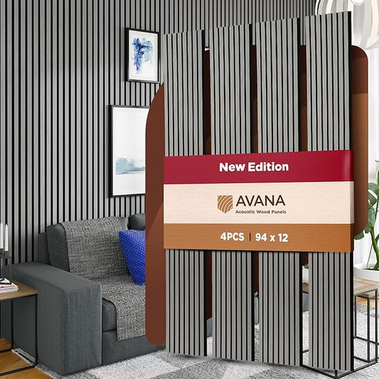 Avana Acoustic Wood Wall Panels – 94.4 x 12.6 Inch Gray Oak Acoustic Panels 4 PCs – Wall Panels For Interior Wall Decor For Homes, Offices, Studios – Pleasing Decorative Wood Panels For Wall