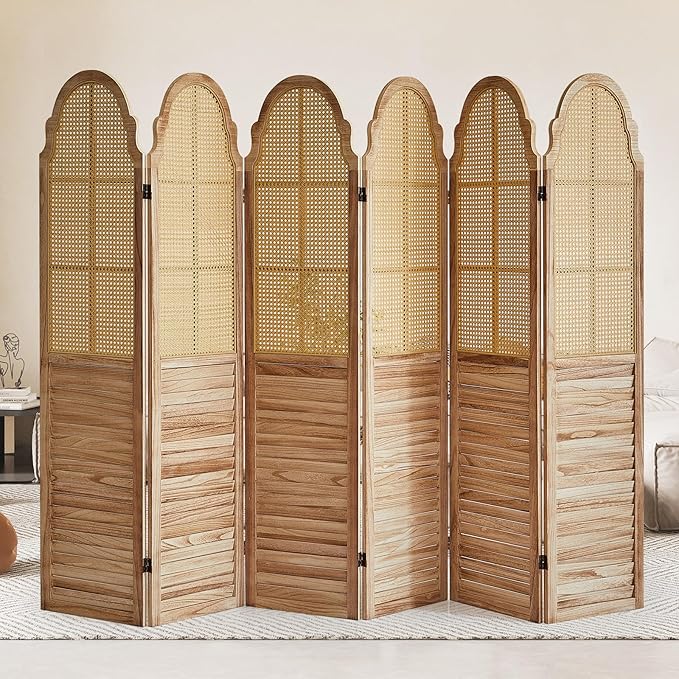 6 Panel Rattan Room Divider Panel, 5.6Ft Partitionsand Dividers, Louvered Partition Divider, Room Dividers Screen, Solid Wood Frame, Folding Screen, Bedroom, Family Room, Light Brown