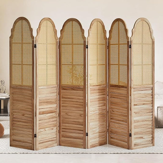 6 Panel Rattan Room Divider Panel, 5.6Ft Partitionsand Dividers, Louvered Partition Divider, Room Dividers Screen, Solid Wood Frame, Folding Screen, Bedroom, Family Room, Light Brown