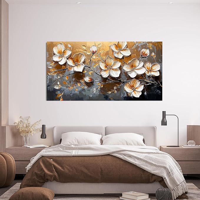 Canvas Wall Art Decor Modern Wall Art Pictures for Living Room Canvas Art Wall Decor Large Artwork for Walls Gold Floral Wall Art Decor White Wall Art Prints for Bedroom Office Wall Decor 24" X 48"