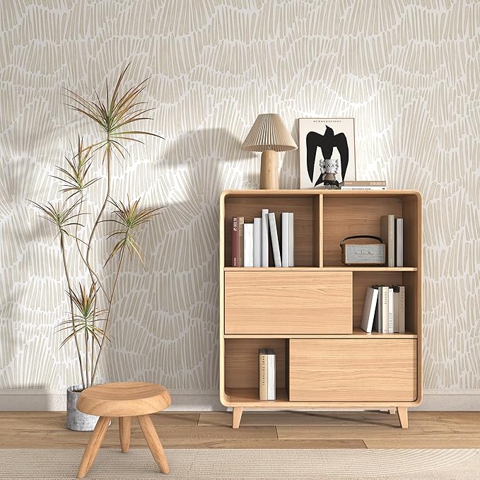 Beige Modern Striped Wallpaper Peel and Stick Boho 17.3"×275" Removable Self Adhesive Wallpaper for Bedroom Waterproof Wall Paper Vinyl White and Gold Contact Paper