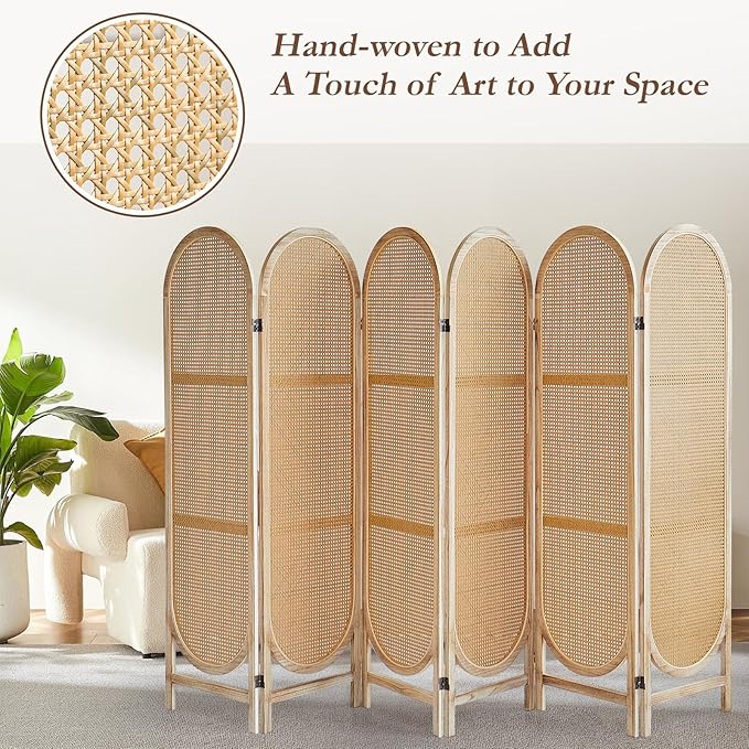 6 Panels Wood Room Divider and Folding Privacy Screens, Hand-Woven Rattan Room Dividers Panel, Room Divider Wall Freestanding Room Partitions Screen for Home Office Bedroom, Light Brown