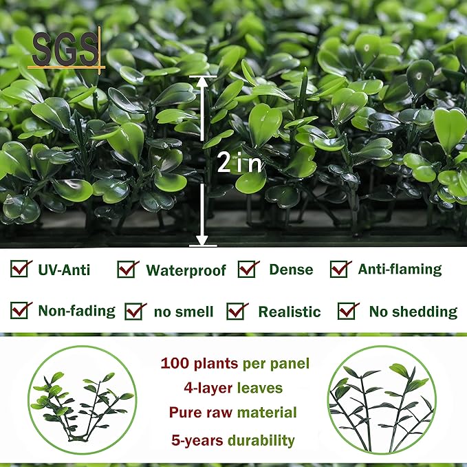 Bybeton Artificial Grass Wall Panels,10"x 10" (12pc) UV-Anti Boxwood Panels Greenery Wall Backdrop for Indoor Outdoor Privacy Protected and Garden, Balcony,Privacy Fence Screen Décor