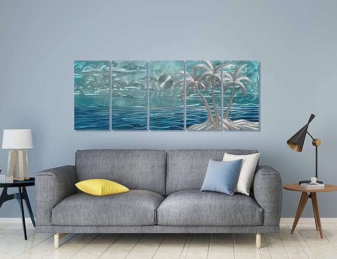 BATRENDY ARTS Modern Beach Metal Wall Art Decor 3D Silver Coconut Palm on the Shores of Hawaii Blue Coast Hanging Sculptures Outdoor or Indoor Tree Decorations