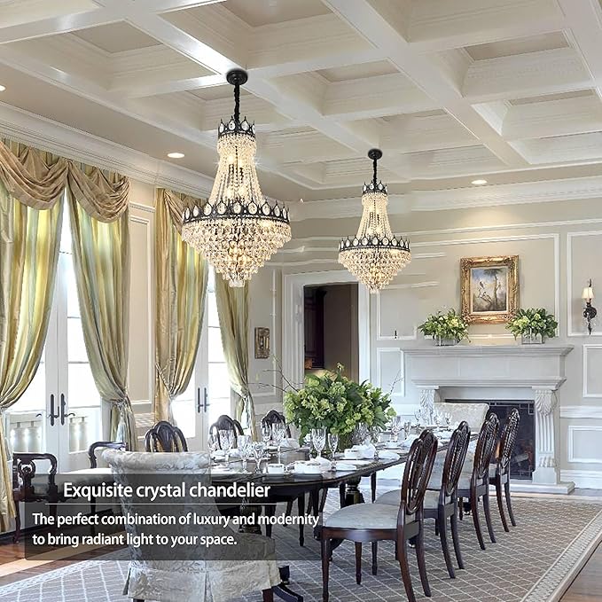 KoKo&Yukina Black 23.6" French Empire Crystal Chandelier - 14 Lights K9 Modern Farmhouse Adjustable Hanging Light for Living Room, Dining Room, Bedroom