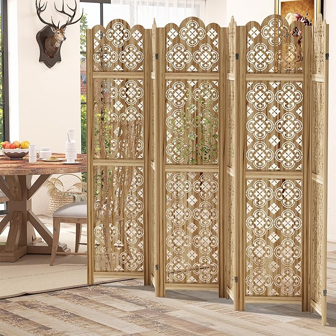 Casaphoria 6 Panels Room Divider, Folding Screen Room Divider with Copper Coin Pattern for Home Office, Restaurant and Bedroom, Paulownia Wood, 95" W x 67" H (Natural)