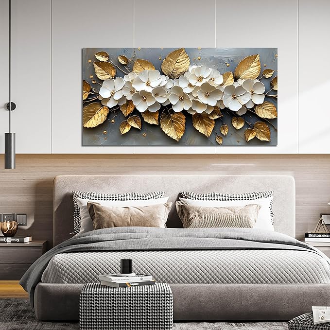 CANEITO Flower Wall Art for Living Room, White Plum Blossom and Golden Leaves Wall-Decor for Bedroom, Natural Canvas Prints Pictures for Hallway Office, Large Size 59x29 Inches