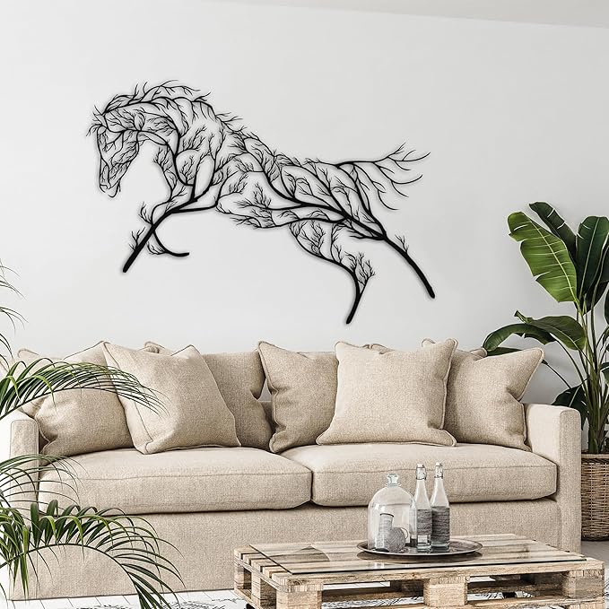 Metal Wall Art Geometric Horse and Tree Decor, Home Office Decoration Entryway Bedroom Living Room Décor, Wall Hangings, Horse Sign, Farmhouse Décor (46"W x 24"H / 118x62cm)