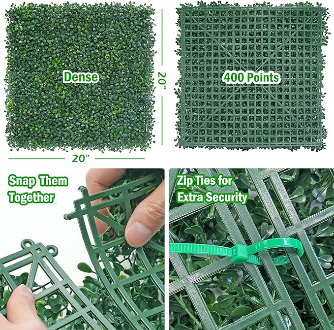 20x20Inch 16Pcs Grass Wall Panels, 4 Layers UV-Anti Boxwood Greenery Hedge with 50 Zip Ties, No Odor Artificial Fake Grass Backdrop Indoor Outdoor Privacy, Birthday Wedding Decor, 44.4 SQ FT