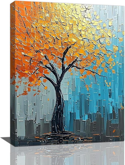 Abstract Wall Art Gold Tree Framed Modern Artwork Canvas Painting Textured Tree of Life Pictures Home Decor For Living Room Bedroom Bathroom Office 12"X16"