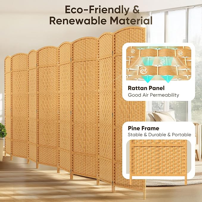 JOSTYLE Room Divider 6ft. Tall Extra Wide Privacy Screen, Folding Privacy Screens with Diamond Double-Weave Room dividers and Freestanding Room Dividers Privacy Screens(Yellow, 8-Panel)