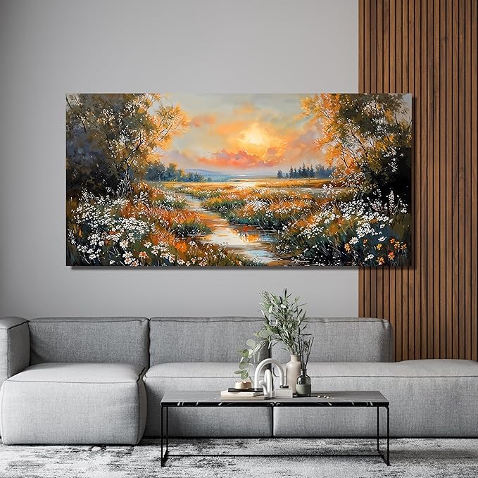 Canvas Wall Art Decor Vintage Wildflower Wall Art Prints Canvas Wall Art for Living Room Nature Landscape Art Work for Wall Decor River Sunset Artwork for Walls Bedroom Office Wall Art Decor 20" X 40"
