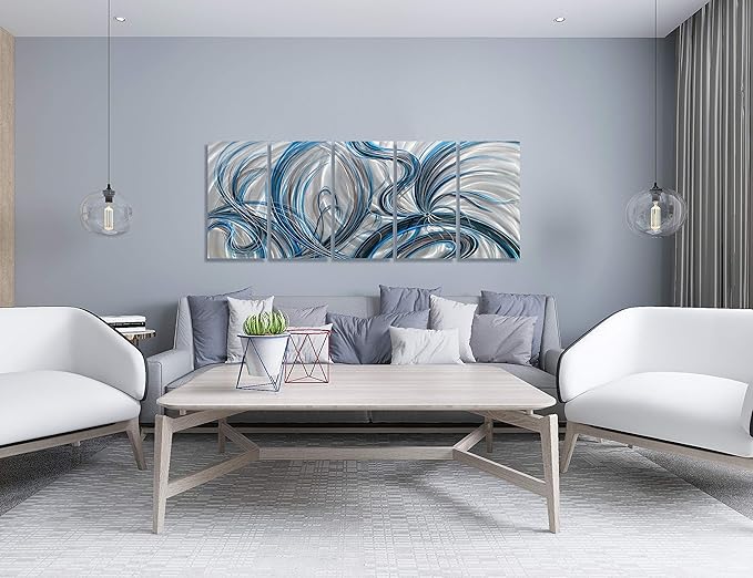 BATRENDY ARTS Large Silver Metal Wall Art Handmade Contemporary Abstract Lines Blue and Black Home Decor Painting for Bedroom
