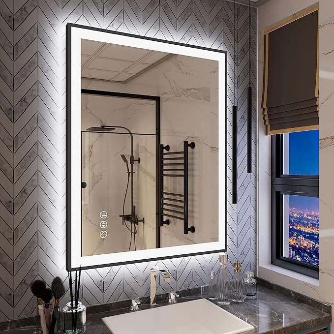 LED Bathroom Mirror 36x28 with Backlit and Front Lighted, Framed Dimmable Illuminated Mirror for Wall Anti-Fog Shatterproof (Horizontal/Vertical)…