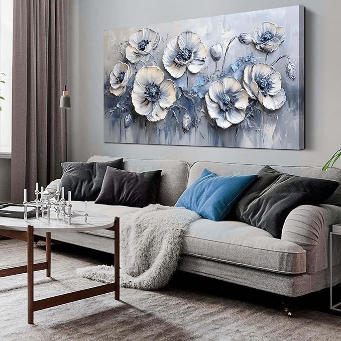 AOZEMI Floral Wall Art Bedroom Floral Picture Art Blue Canvas Wall Decor White Artwork for Living Room Office 29" x 59"