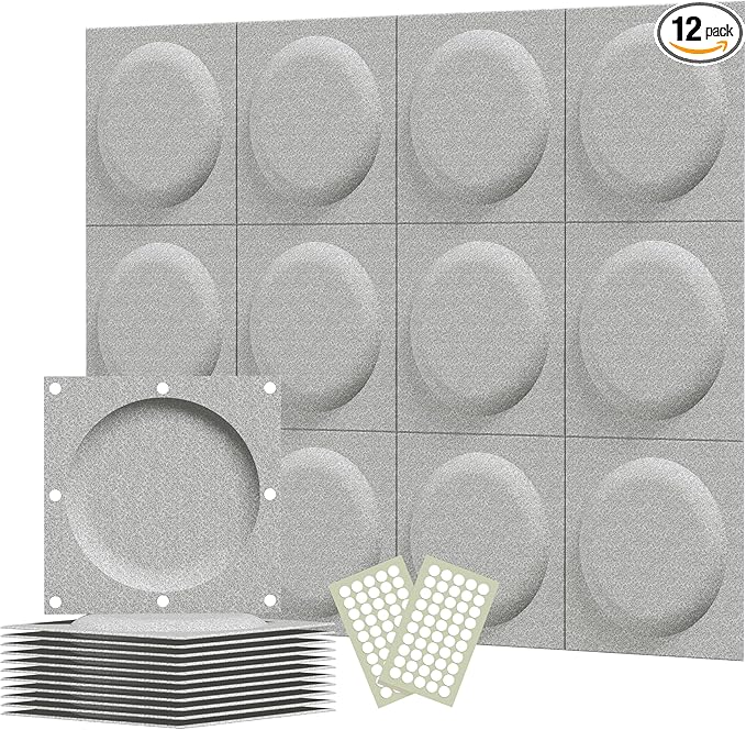 Acoustical 3D Wall Panels, 12 Pack 12''x12''x0.12 Circle Art Acoustic Panels for Interior Wall Decor, Decorative Acoustic Panels, Wall 3D Art (Light Gray)