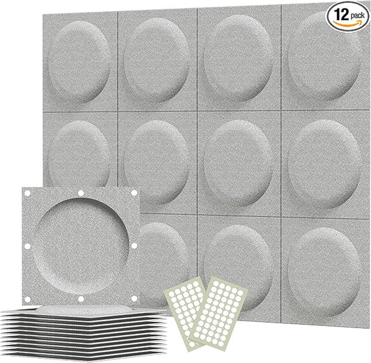 Acoustical 3D Wall Panels, 12 Pack 12''x12''x0.12 Circle Art Acoustic Panels for Interior Wall Decor, Decorative Acoustic Panels, Wall 3D Art (Light Gray)