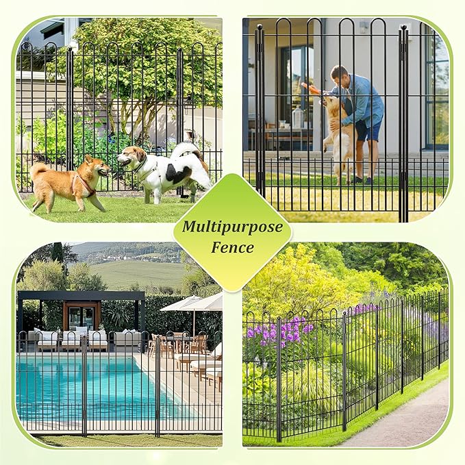 Bepatio Tall Garden Fence Animal Barrier with Gate, 39.5in (H) x 23ft (L) 10 Panels Decorative Dog Fence Outdoor for Yard, Heavy Duty Metal Fence Border, Flower Bed, Easy Setup, Black