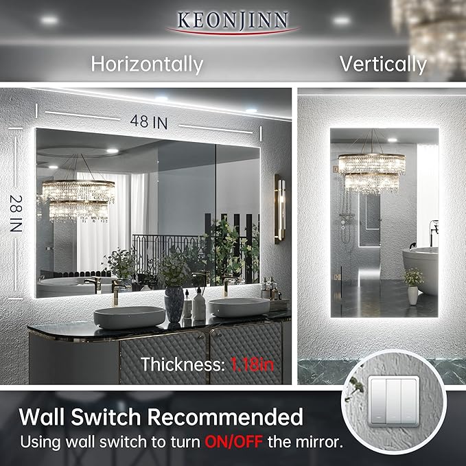 Keonjinn 48 x 28 Inch LED Bathroom Mirror with Backlit, Anti-Fog, CRI90+ HD Dimmable Vanity Mirror, High Lumen, Horizontal/Vertical Wall Mount, UL Listed Lighted Vanity Mirror, Waterproof