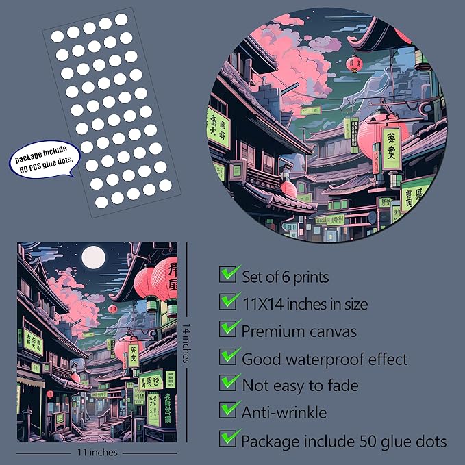 Luodroduo Japanese Wall Art Set of 6 Japan Rural Architecture Abstract Scenery Illustration Wall Decor Countryside Streets Canvas Art Poster for Living Room Bedroom Wall Art (A, 11"x14" UNFRAMED)