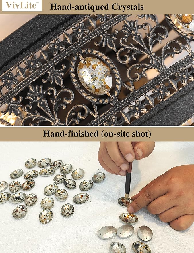 24" Vintage Crystal Chandelier Fan, Luxury Art Deco Flush Mount Fandelier with Lights and Remote, Rustic Enclosed Bladeless Ceiling Fan for Living Room, Dining Room, Large Bedrooms