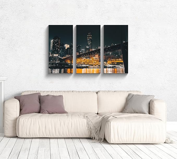 NAN Wind 3PCS Chongqing City Nightscape Canvas Wall Art Illuminated Chinese Skyline with Bridge Skyscrapers Modern Urban Landscape Photography Print for Living Room Office Bedroom Decor