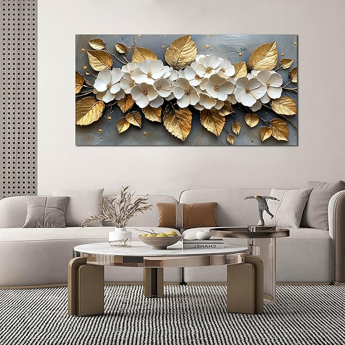 CANEITO Flower Wall Art for Living Room, White Plum Blossom and Golden Leaves Wall-Decor for Bedroom, Natural Canvas Prints Pictures for Hallway Office, Large Size 59x29 Inches