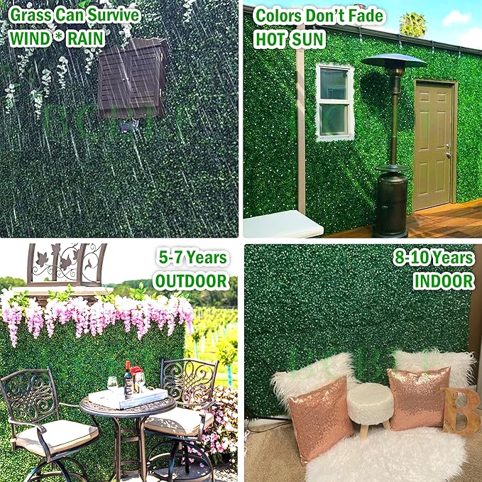 20x20Inch 9Pcs Grass Wall Panels, 4 Layers UV-Anti Boxwood Greenery Hedge with 50 Zip Ties, No Odor Artificial Fake Grass Backdrop Indoor Outdoor Privacy, Birthday Wedding Decor, 25 SQ FT
