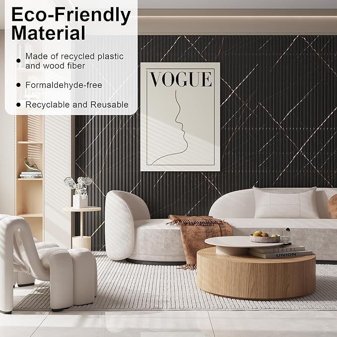 8-Pack WPC Slat Wall Panels - 3D Wall Panels, Water-Proof and Easy Installation, Accent Slat Wall Paneling for Living Room, Office,Granite, 96 x 6.6 Inch