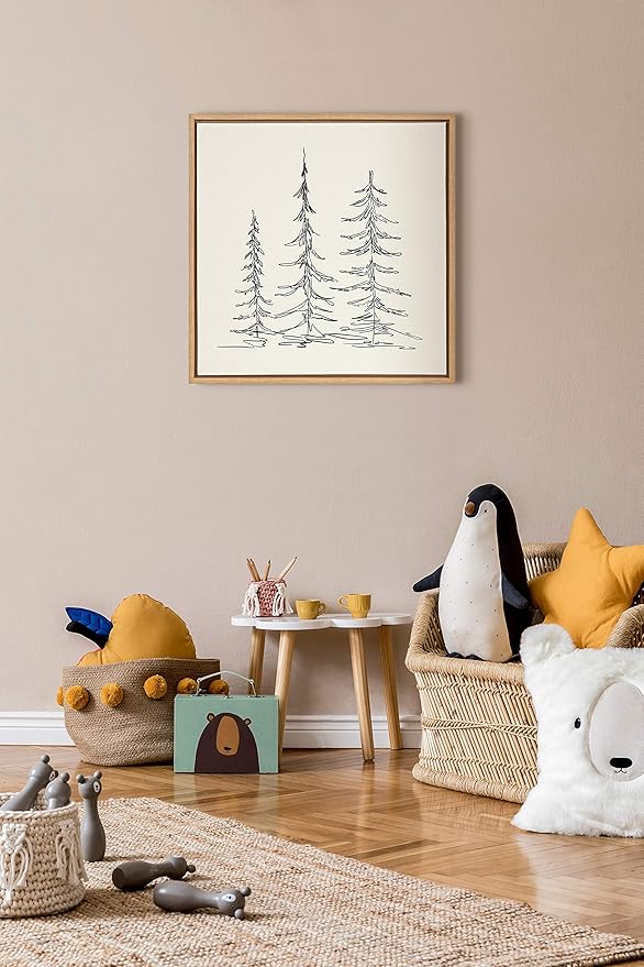 Kate and Laurel Sylvie Minimalist Evergreen Trees Sketch Framed Canvas Wall Art by The Creative Bunch Studio, 30x30 Natural, Chic Modern Art for Wall