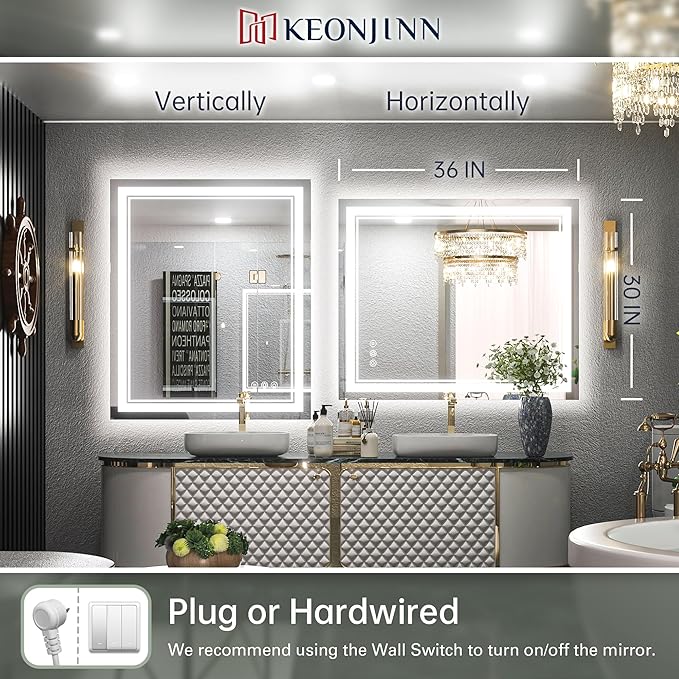 Keonjinn LED Bathroom Mirror 30 x 36 Inch with Front and Back Light, Stepless 3 Colors Temperature & Dimmable Backlit Mirror, UL Listed LED Driver, Double Lights Tempered Glass LED Wall Vanity Mirror