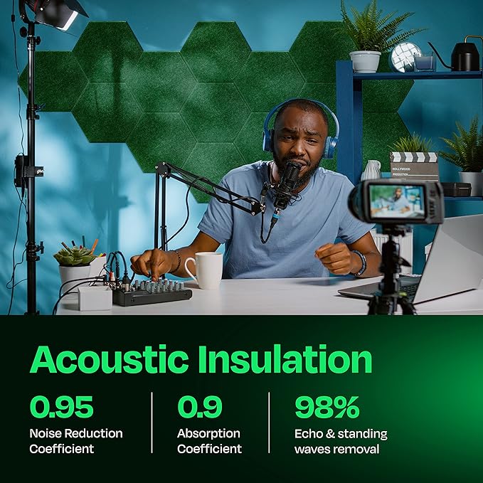 Acoustic Soundproof Wall Panels 12-Pack - 14"X12.1"X0.4" High Density Sound Dampening - Dark Green Hexagon