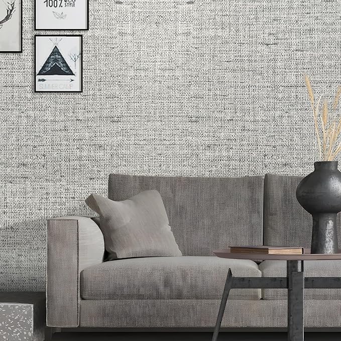 15.75"x393.70" Gray Wallpaper Grasscloth Peel and Stick Wallpaper Faux Linen Textured Removable Wall Paper Self Stick Grey Contact Paper for Wall Decoration Thickened Cabinets Desk Coverings