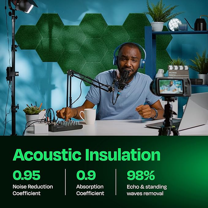 Acoustic Panels 12-Pack Soundproof Wall Panels 12"X10.4"X0.4" Sound Panels High Density Sound Dampening Panels - [Dark Green Hexagon]