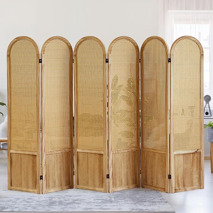 6 Panel Room Dividers and Folding Privacy Screens, Hand-Made Rattan Room Divider with Bi-Directional Hinge, Pre-Assembled Wood Room Divider Wall for Home Office Bedroom, Light Brown