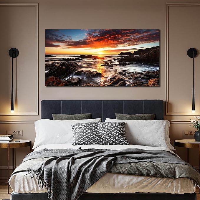 Large Natural Landscape Canvas Wall Art for Living Room, View of Ocean Sunset Panorama Wall-Decor Picture, Coastal Rock Shoreline Sky Canvas Art Piece Print Artwork for Office Bedroom 59x29 Inches