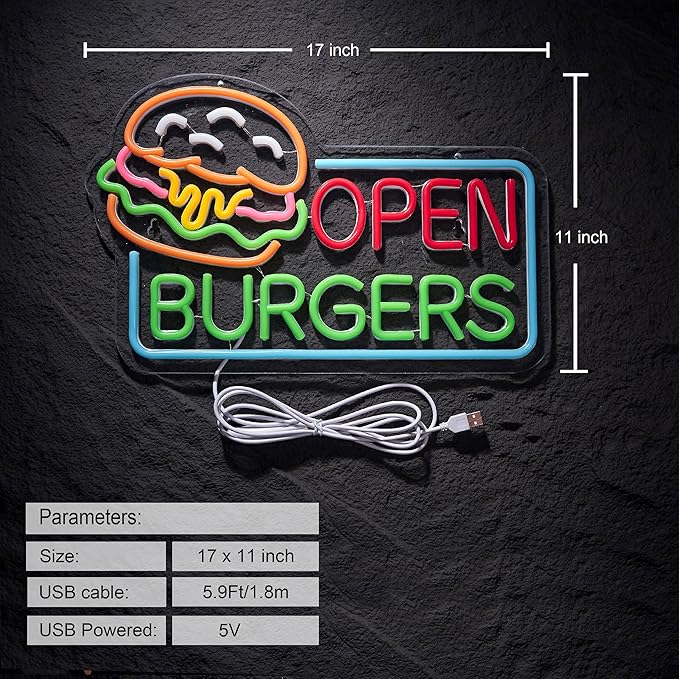 Burgers Open Neon Sign for Wall Décor Dimmable Business Hamburger Food Shop LED Neon Light USB Powered Neon Art Signs Decor