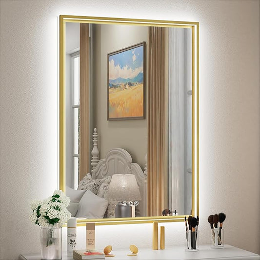 20x28 Inch Gold LED Bathroom Mirror, Front and Backlit Controlled Separately, Lighted Bathroom Vanity Mirror, 3000K/4500K/6000K, Wall Mounted, Dimmable, Anti-Fog, Horizontal/Vertical