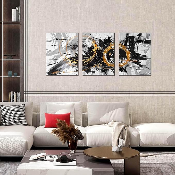 CIRABKY Black, White and Gold Abstract Painting - 3 Piece Canvas Wall Art for Living Room and Office - Size 12" x 16"