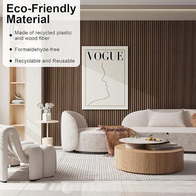 8-Pack WPC Slat Wall Panels - 3D Wall Panels, Water-Proof and Easy Installation, Accent Slat Wall Paneling for Living Room, Office,Walnut, 96 x 6.6 Inch